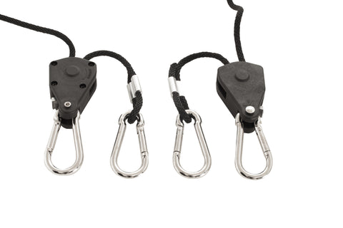 Global Roots 1/8" Polyproypele Rope Ratcheting Hangers with Steel Carabiner Clips (2x8ft rope) for light fixtures and equipment. Holds a combined weight of 150lbs